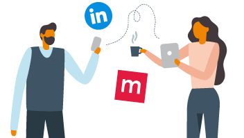 Illustration över två personer med mobiler och datorer som surfar på Mynewsdesk och LinkedIn.